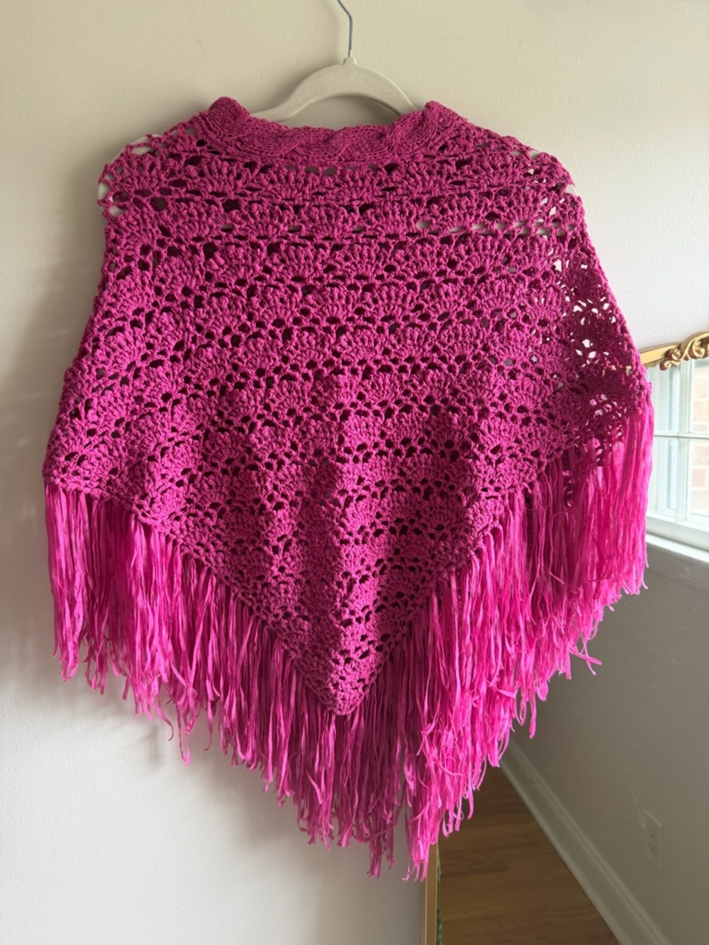 Bright Pink Crochet Fringe Poncho - Women Accessories - Picture 4 of 4